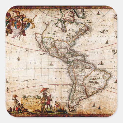 Old Antique North  South America Map Square Sticker
