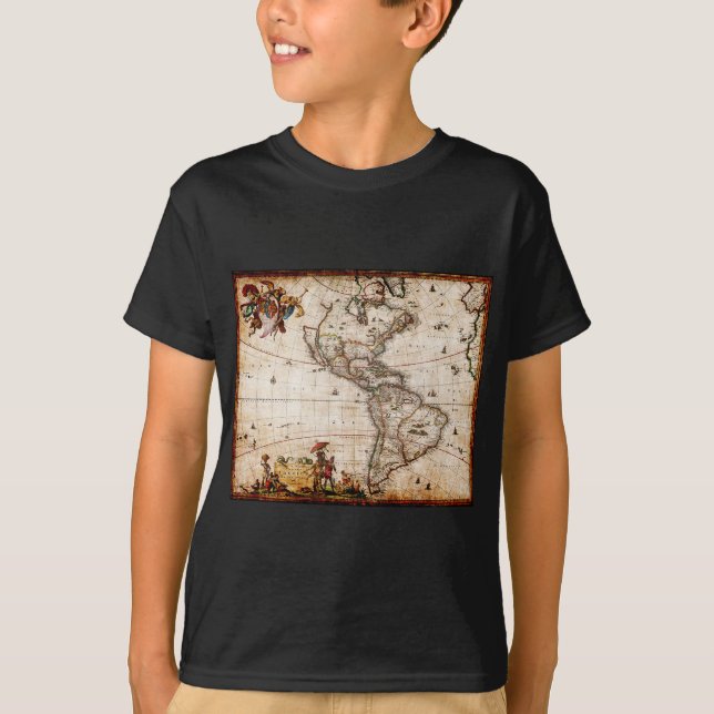 Old Antique North & South America Map T-Shirt (Front)