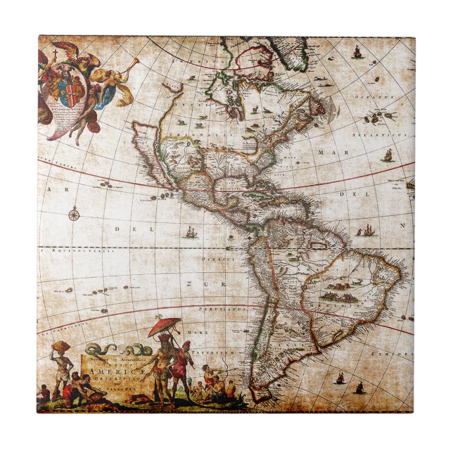 Old Antique North & South America Map Tile (Front)