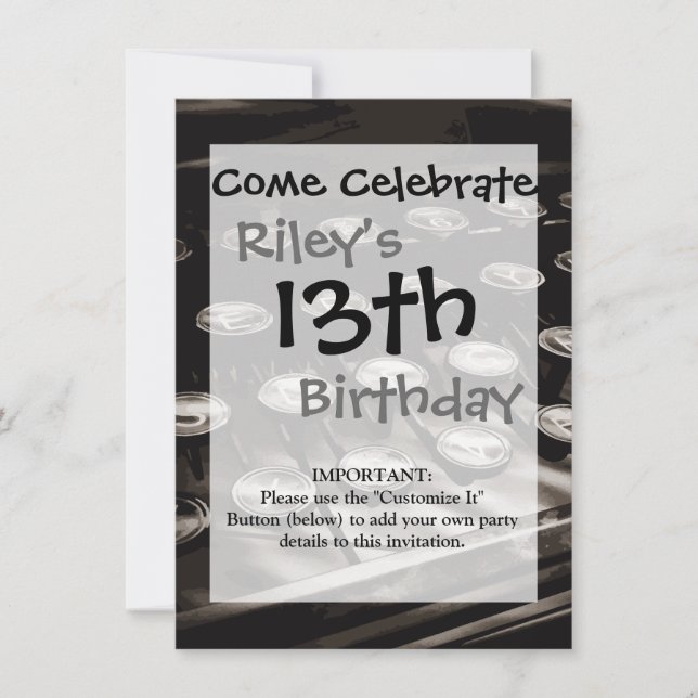 Old Antique Typewriter Keys Black White Invitation (Front)