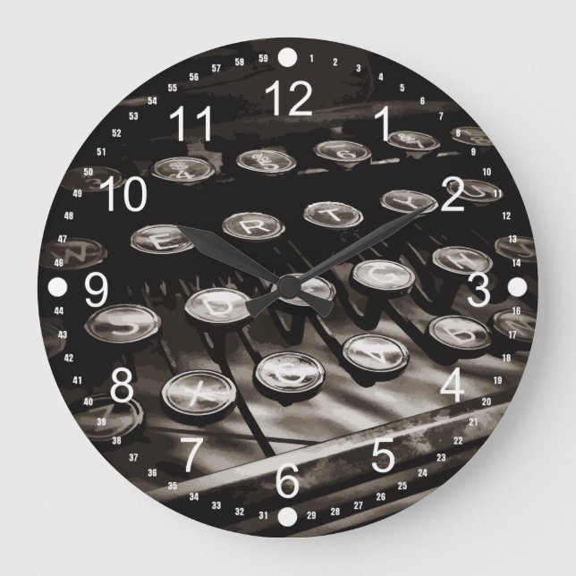 Old Antique Typewriter Keys Black White Large Clock (Front)