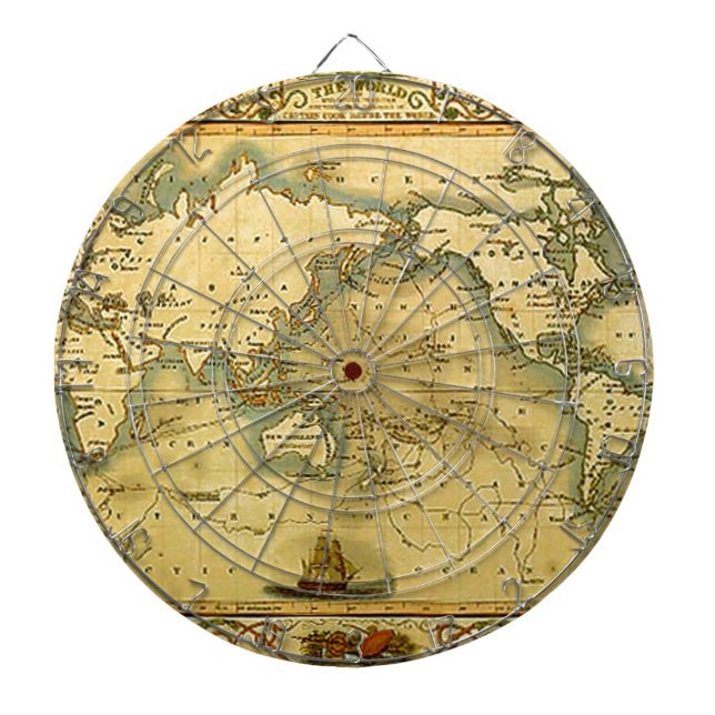 Old Antique World Map Dartboard With Darts (Front)