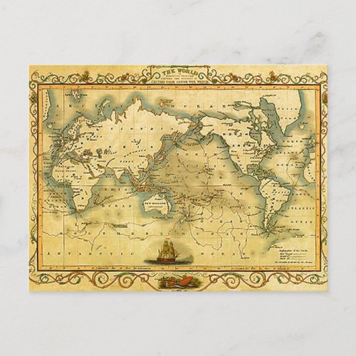 Old Antique World Map Postcard