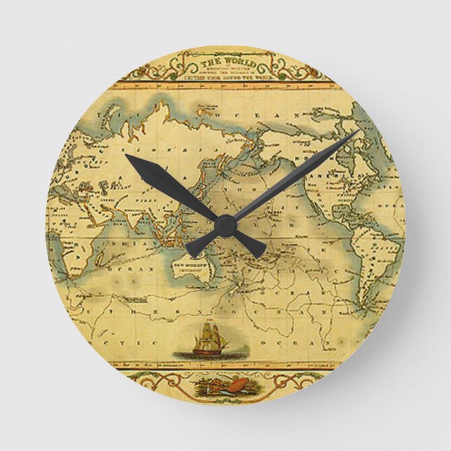 Old Antique World Map Round Clock (Front)