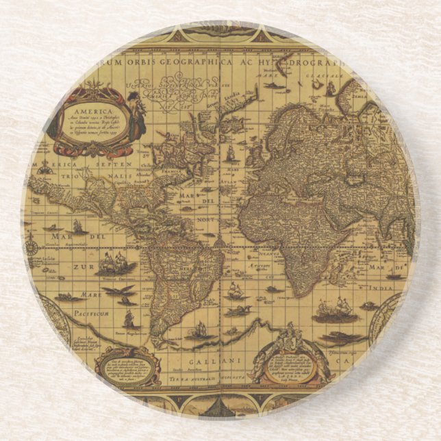 Old Antique World Map Sandstone Coaster (Front)