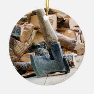 Old axe and firewood ceramic ornament