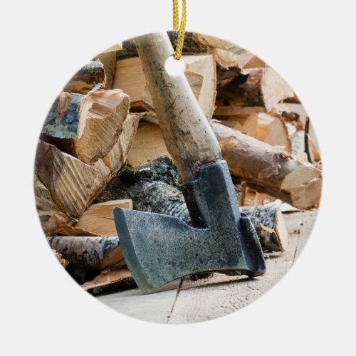 Old axe and firewood ceramic ornament