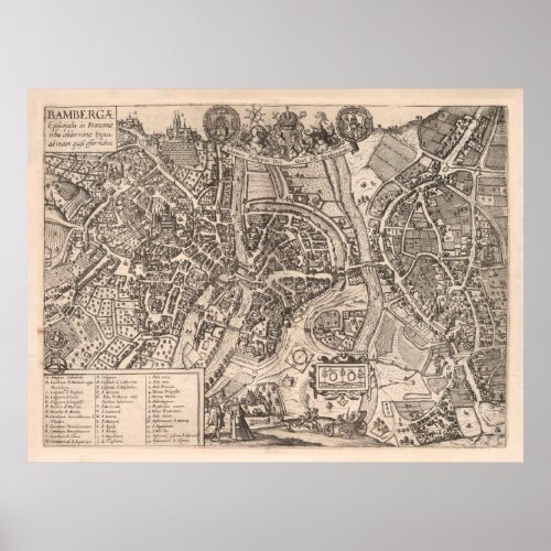 Old Bamberg Germany Map 1618 Vintage German Town Poster