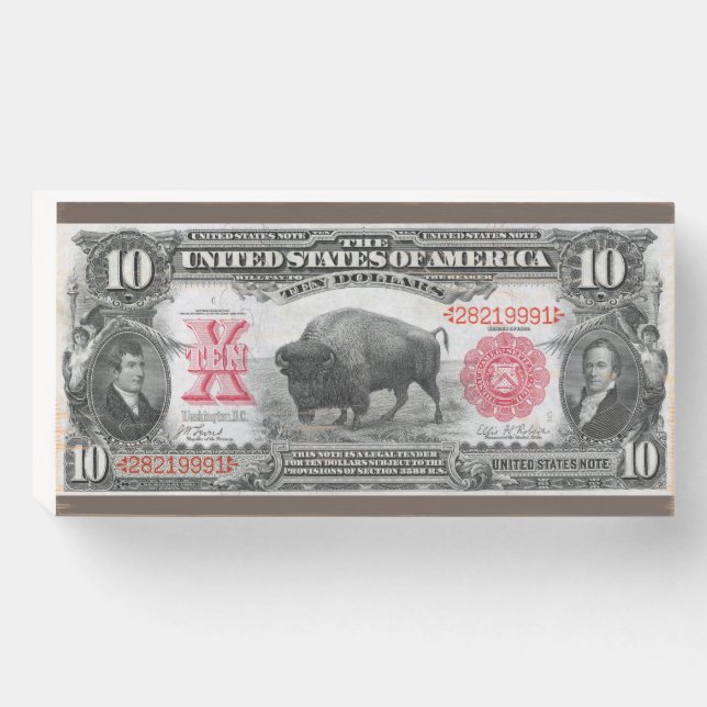 Old Bank Note, Buffalo $10.00 Bill  Wooden Box Sign (Front Horizontal)