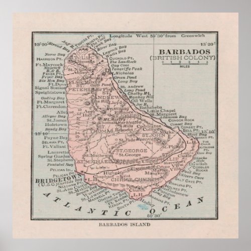 Old Barbados Map 1912 Vintage Barbadian Island  Poster