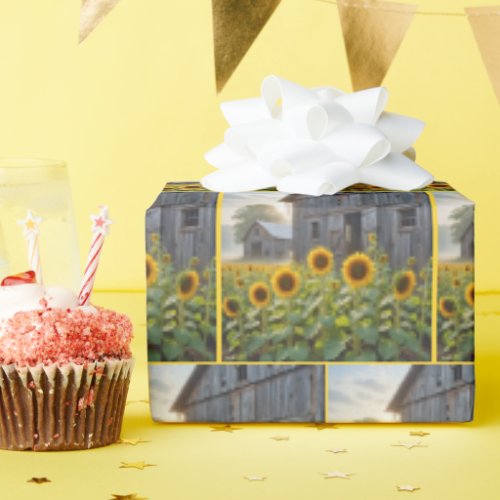 Old Barn and Sunflower Field Wrapping Paper