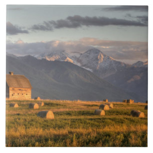 Old barn framed by hay bales and dramatic ceramic tile