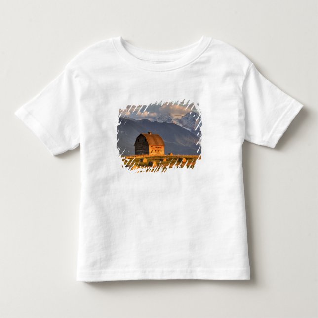 Old barn framed by hay bales and dramatic toddler t-shirt (Front)