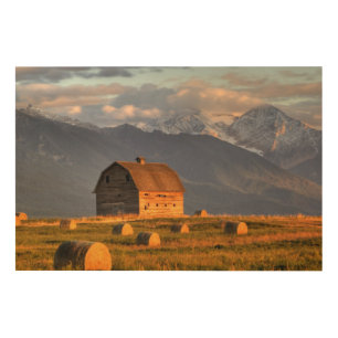Old barn framed by hay bales and dramatic wood wall decor