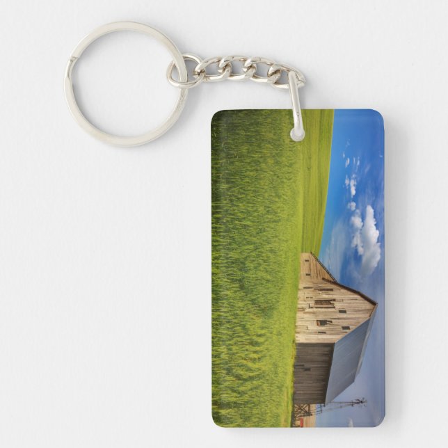 Old Barn in Field of Spring Wheat Keychain (Front)