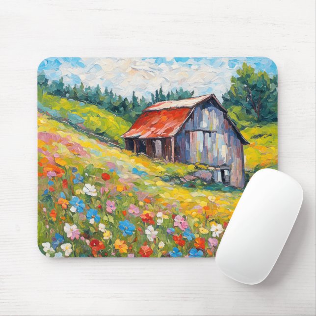 Old Barn In Wildflower Field Mouse Pad (With Mouse)