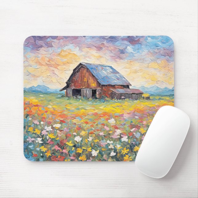 Old Barn In Wildflower Field Mouse Pad (With Mouse)