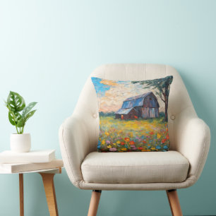 Old Barn In Wildflower Field Throw Pillow