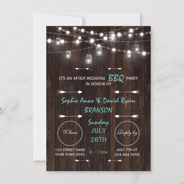 Old Barn Mason Jars Lights After Wedding BBQ Party Invitation (Front)