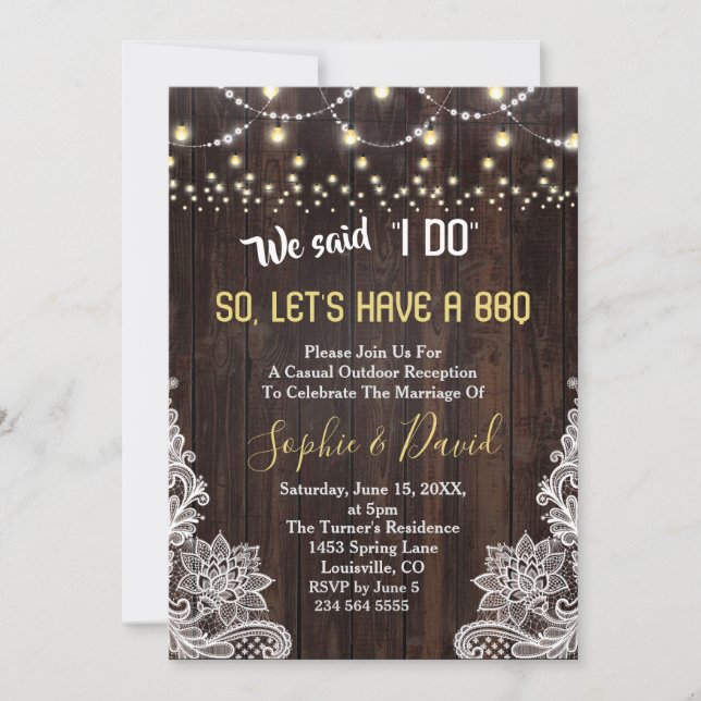 Old Barn Rustic Lace String Lights I DO BBQ Invitation (Front)
