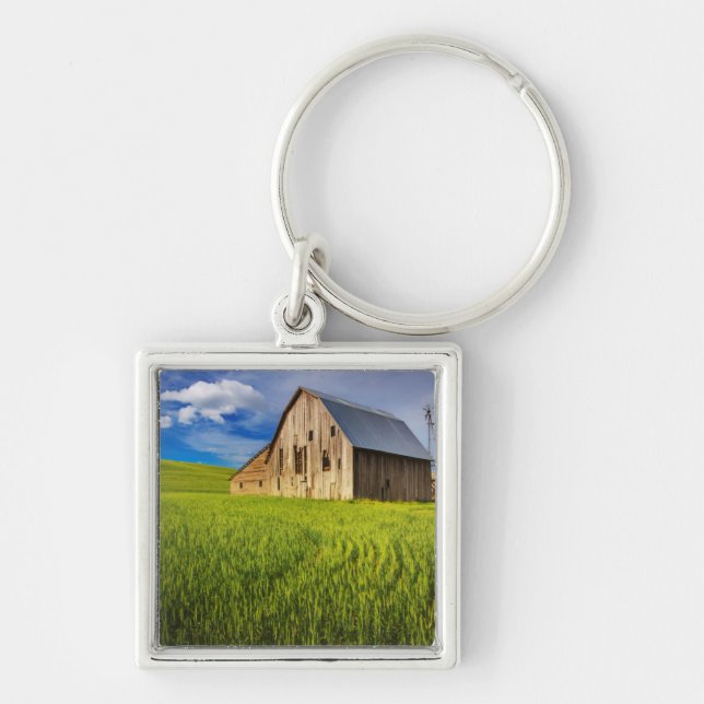 Old Barn Surrounded by Spring Wheat Field 1 Keychain (Front)