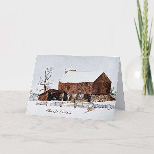 old barn watercolor season's greetings holiday card (Front)