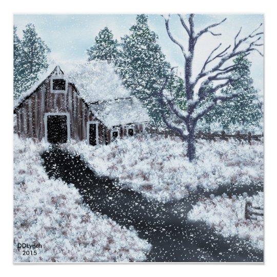 Old Barn Winter Scene Snow Falling Poster Zazzle Com