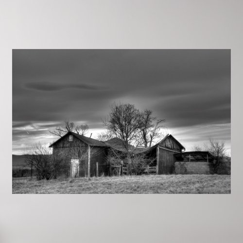 Old Barn Winter Trees Black and White HDR Poster