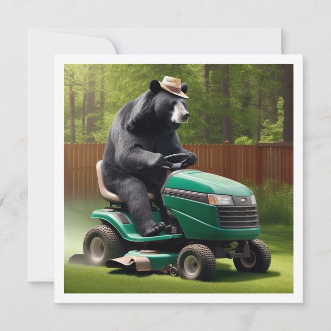 Old bear birthday invitation, bear on lawnmover invitation (Front)