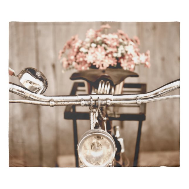 Old bicycle and flowers blur in background process duvet cover (Front)