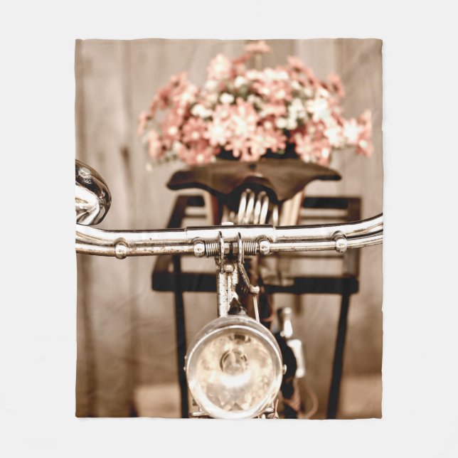 Old bicycle and flowers blur in background process fleece blanket (Front)