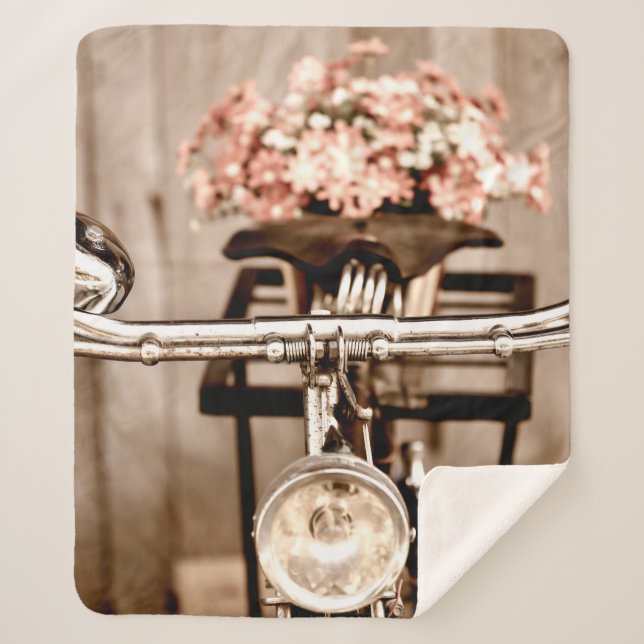 Old bicycle and flowers blur in background process sherpa blanket (Front)