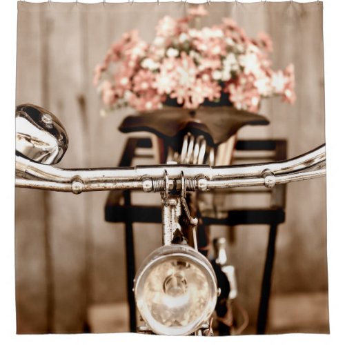 Old bicycle and flowers blur in background process shower curtain