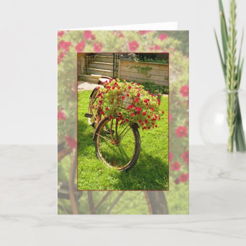 Old Bicycle Recycled into Red Flower Planter Card