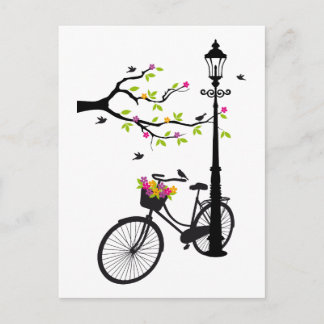 Old bicycle with lamp, flower basket, birds, tree postcard