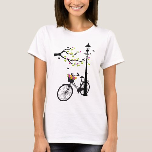 Old bicycle with lamp flower basket birds tree T_Shirt