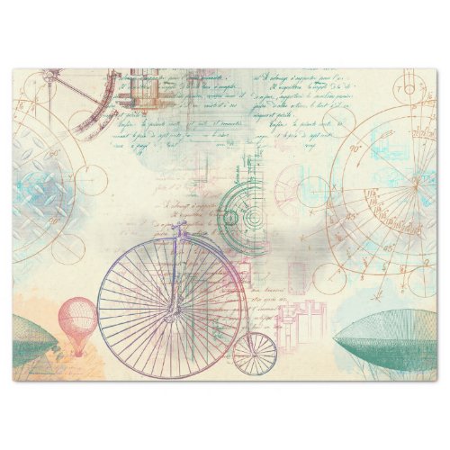 Old Bike Balloon and Script on Yellow Decoupage Tissue Paper