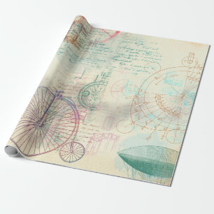 Old Bike, Balloon and Script on Yellow Wrapping Paper