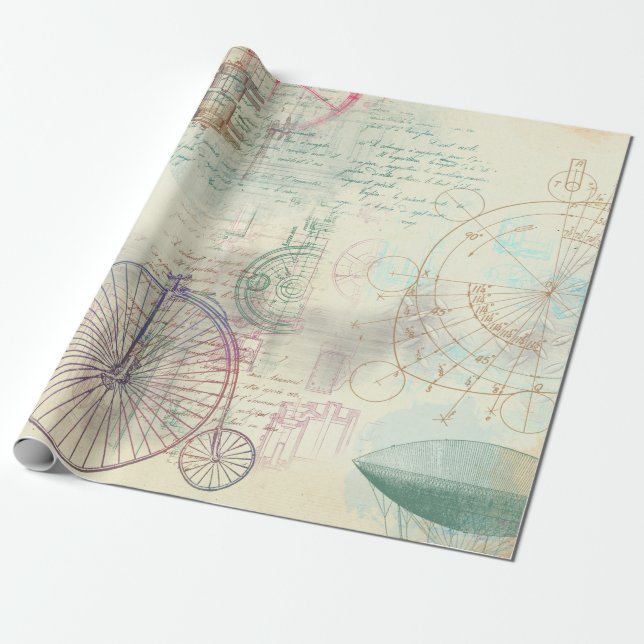 Old Bike, Balloon and Script on Yellow Wrapping Paper (Unrolled)