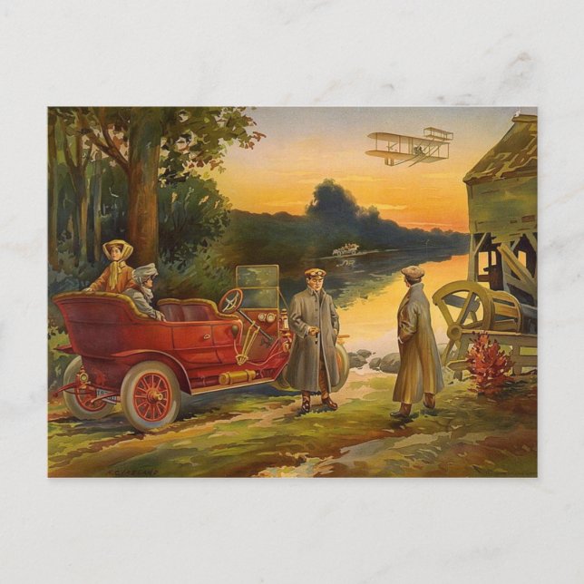 Old Biplane And Touring Car Vintage Scene Postcard (Front)