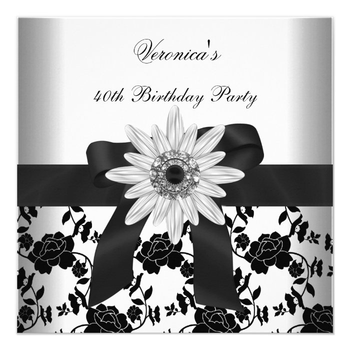 OLD Birthday Party Black White Flower Diamond Invitations