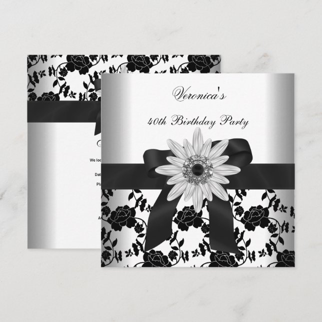 OLD Birthday Party Black White Flower Diamond Invitation (Front/Back)