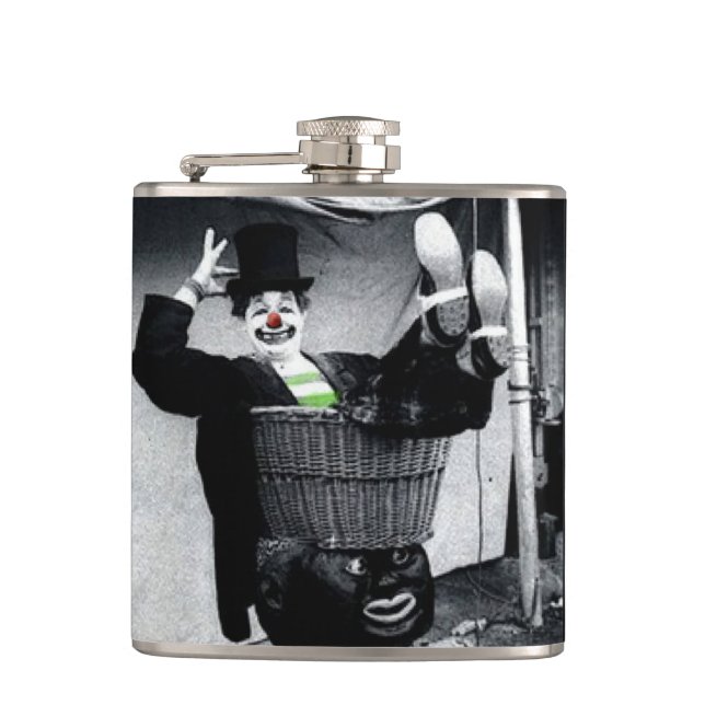 Old Black and White Photo of a Goofy Clown Flask (Front)