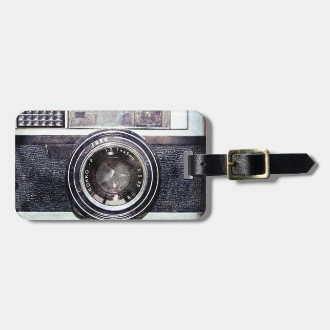 Old black camera luggage tag (Front Horizontal)