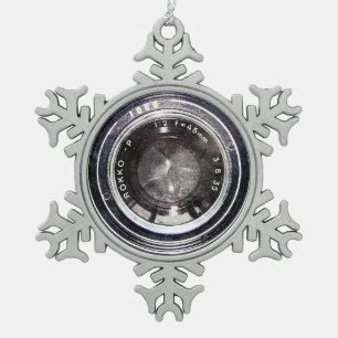 Old black camera snowflake pewter christmas ornament
