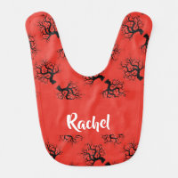 Old black trees on red baby bib