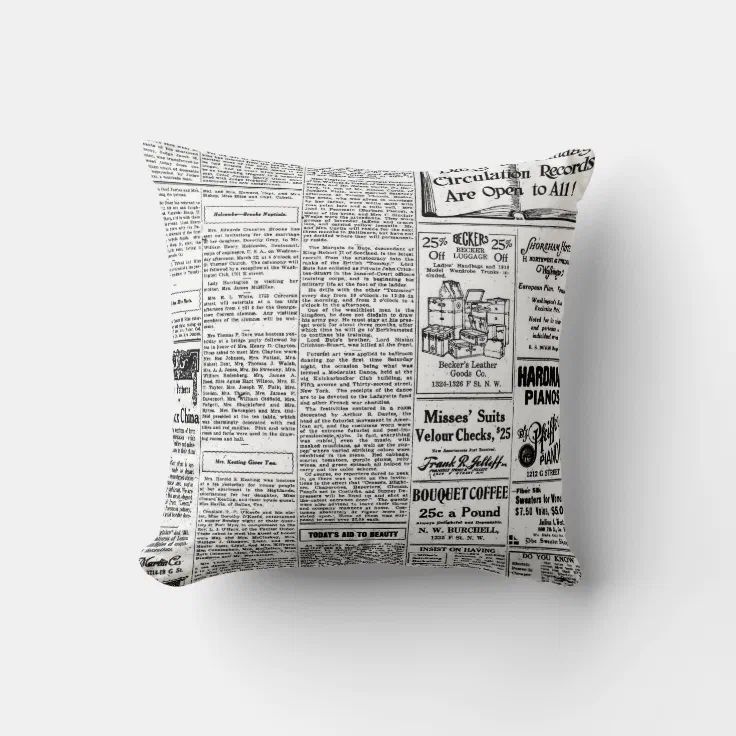 Old black & white newspaper, vintage retro advert throw pillow Zazzle