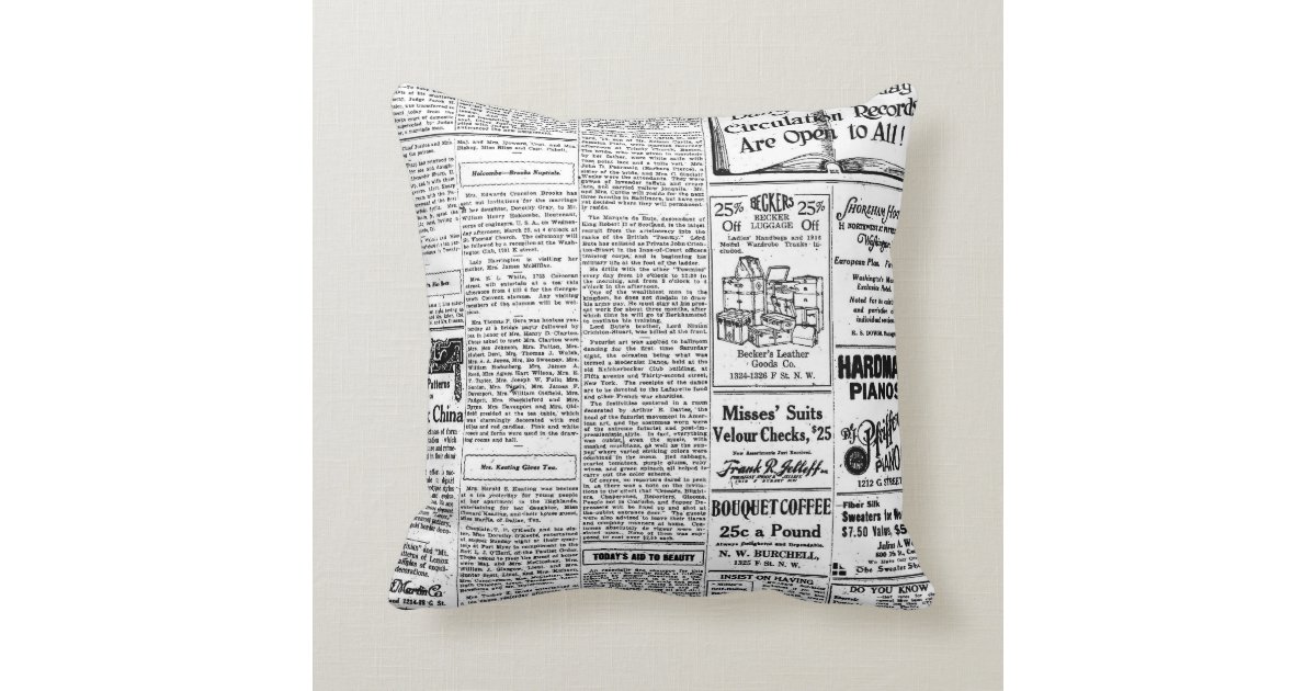 Old black & white newspaper, vintage retro advert throw pillow