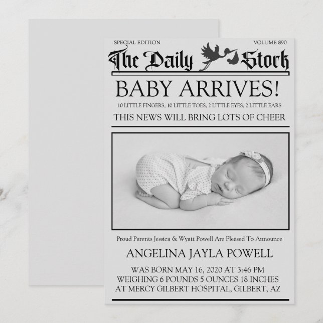 Old Black & White Style Newsletter Birth Announce Invitation (Front/Back)