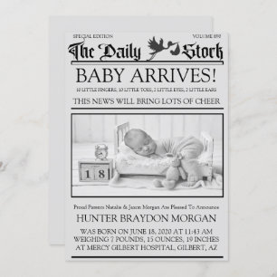 Old Black & White Style Newsletter Birth Announce Invitation